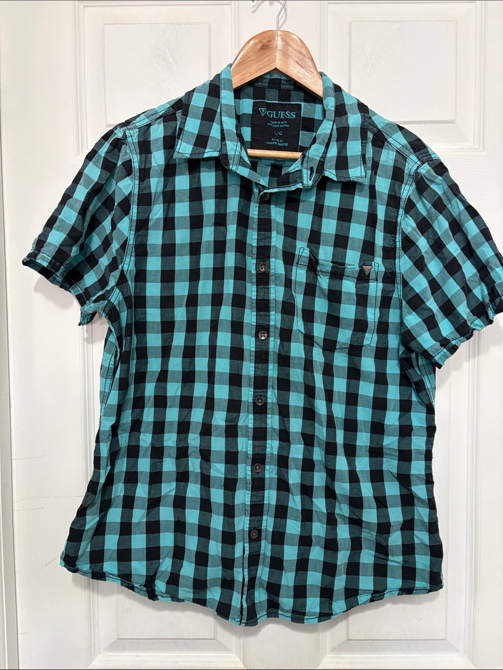 GUESS Men's Short-Sleeve Plaid Button-Up Shirt - Aqua & Black